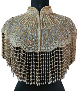 Elegant Women's Mandarin Collar Batwing Sleeve Black Blouse High Quality Pearls Fringe Tassels Sequin Embellishment for Summer - Product Image 1