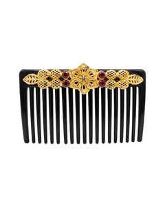 Peigne à cheveux classique en acétate avec motif floral doré et pierres rouges, 13 cm, accessoire de mode de haute qualité - Product Image 3
