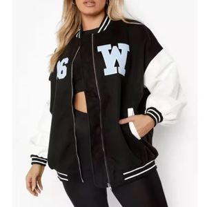 Chaqueta Universitaria Unisex Negra con Mangas Blancas, Estampado de la Letra W, Cierre de Cremallera, Estilo Preppy, para Otoño, Corte Regular - Product Image 1