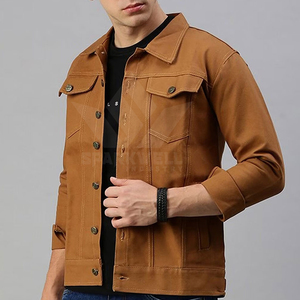 <b>Men's</b> Brown Twill Trucker <b>Jacket</b> Button Closure <b>Long</b> Sleeve Regular Fit Casual Lightweight Cotton Outerwear - Product Image 4