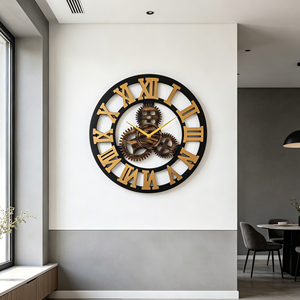 Gear wall <b>clock</b> 60cm large MDF moving gear clockwork with <b>silent</b> movement for industrial loft cafe hotel decoration - Product Image 3