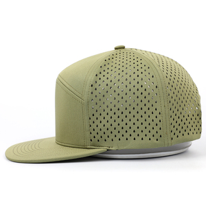 Casquette de baseball de performance vert olive haut de gamme avec dos en maille respirante découpée au laser, visière plate, style sportif, casquette snapback d'été - Product Image 4
