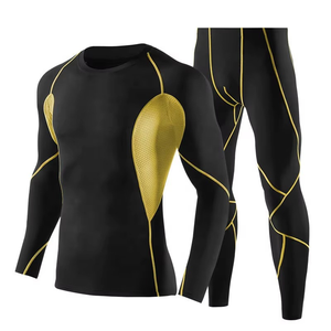 Conjunto de Camiseta de Manga Larga y Pantalones de Compresión Negros para Hombre, Cuello Redondo, Secado Rápido, Spandex, Poliéster, Ajuste Completo al Cuerpo, para Todas las Estaciones, Kit Sólido - Product Image 3