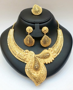 Gold Plated Copper Filigree Jewelry Set Necklace Earrings <b>Ring</b> Bracelet Islamic Bridal Fashion Gift - Product Image 1
