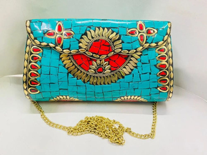 Handmade Ladies Evening <b>Clutch</b> Bags Mother of Pearl Metal Mosaic Kundan Indian Vintage Oval Multicolor Candid Metal Crafts - Product Image 3