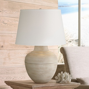 Coastal design hammered metal <b>Table</b> Lamp White Textured Base Modern <b>Bedside</b> Nightstand Light Fabric Shade Living Room Decor - Product Image 6
