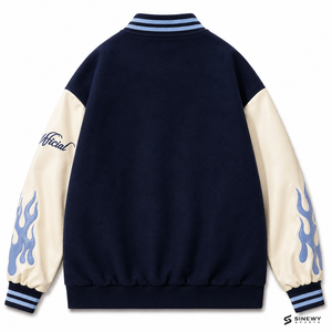 เสื้อแจ็คเก็ตวาร์ซิตี้ผู้ชาย SINEWY SPORTS ปักลายต้นปาล์ม LA สีกรมท่า แขนเสื้อสีเบจ ลายเปลวไฟ สไตล์ Preppy สำหรับใส่ในฤดูใบไม้ร่วง - Product Image 2