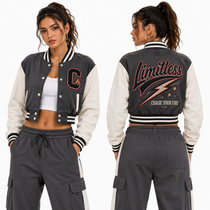 Abrigo Corto Estilo Letterman para Mujer, Marca Privada, Cuerpo de Lana, Mangas de Cuero en Dos Tonos, Ropa Urbana, Venta al Por Mayor, Pedidos al Por Mayor, Directo de Fábrica - Product Image 6
