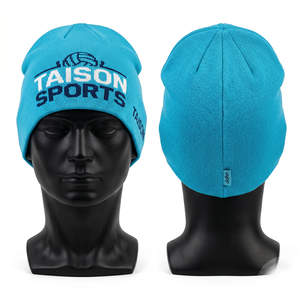 Gorro de Voleibol de Punto Acrílico Premium de 320 GSM, Color Azul Rey con Rayas Gris Carbón, Puño Plegable, Parche Bordado Tejido, Logotipo Personalizado - Product Image 4