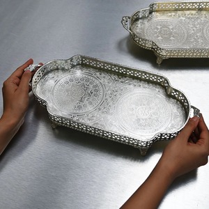 Silver Brass Etched Tray Silver Decorative Tray with Handles Oval Coffee tray Hand Hammered Metal Platter for Living - Product Image 4