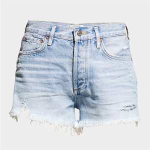 Shorts en jean déchirés à taille haute pour femmes avec ourlet effiloché, cinq poches, style décontracté, bleu - Product Image 1