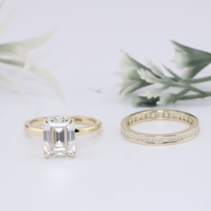 Yellow Gold Emerald Cut Lab Grown Diamond Engagement <b>Ring</b> <b>Set</b> Classic Solitaire Channel Eternity <b>Wedding</b> Band Fine Jewelry <b>Women</b> - Product Image 1