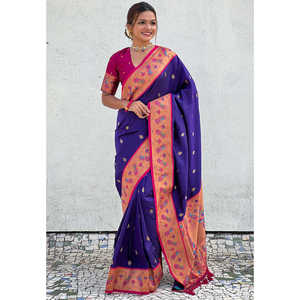 ผ้าไหมซาหรีลายวิลเลต์ ซาเร่ทอแบบอีลิท วีฟส์ ไวโอเล็ต ซารี ทินนี่ นาธ มีนาคารี คอนทราสต์ เยโอลา ปายทานี ผ้าไหมสำหรับงานกลางคืน ป้องกันแสงแดด แห้งเร็ว สวยสง่า - Product Image 1