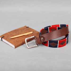 Luxury Handmade Brown Leather Argentine Polo <b>Belt</b> With Forest Green Navy White And <b>Red</b> Pampa Diamonds OEM Service Welcome - Product Image 5