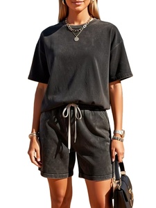 Vintage Washed Short Sleeve Shorts Set Women's Distressed Two-Piece Outfit Regular Fit Summer for Wear Retro 100% Cotton - Product Image 2