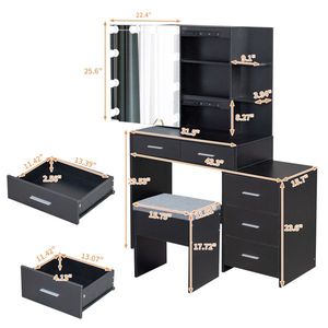 Ensemble coiffeuse noire FCH avec 5 pompes, 2 étagères, ampoule à trois intensités, placard miroir en placage triamine, meubles de maquillage - Product Image 2