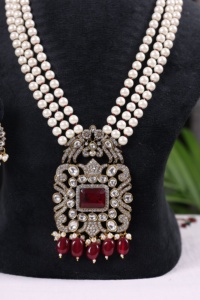 Collar Clásico con Colgante de Perlas de Imitación para Mujer, con Piedra Roja, Plateado, Diseño de Cadena, Joyería para Boda - Product Image 3