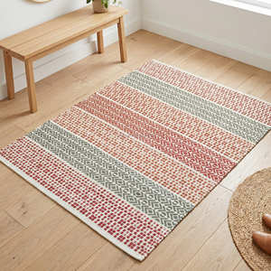 Tapis en coton tissé plat texturé naturel avec franges pour salon, intérieurs scandinaves et Japandi - Product Image 3