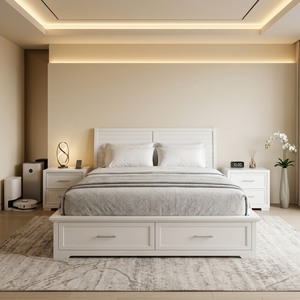 Modern Solid Wood <b>Queen</b> Storage <b>Bed</b> <b>Frame</b> with 2 Drawers Panel Headboard and Nightstands for Bedroom Set - Product Image 3