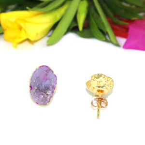 Goran Vogue Punk Style Purple Geode Druzy Skeleton 24K Gold Plated <b>Brass</b> Women's Gift Stud Earrings - Product Image 4
