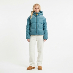 Chaqueta acolchada azul con capucha, manga larga, cremallera, abrigo corto de invierno para mujer, color sólido, relleno de poliéster. - Product Image 2