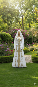 ชุดเดรสคาฟตันโมร็อกโกสีขาวประดับด้วยลูกปัดหินสีทอง ผ้าจอร์เจียร์ยืดได้สี่ทิศทาง แขนยาวสำหรับผู้หญิง-ชุดมุสลิมแบบดั้งเดิม - Product Image 3