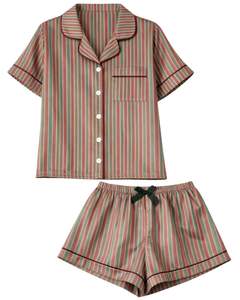 Conjunto de Pijama Personalizado para Mujer, Multicolor, a Rayas, Manga Corta, con Botones, Satinado, Dos Piezas, Ropa de Dormir, Pantalones Cortos - Product Image 6