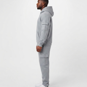 Ensemble de jogging décontracté gris grande taille en coton uni avec pantalon de survêtement et sweat à capuche coupe ample et longueur intégrale avec poches latérales - Product Image 6