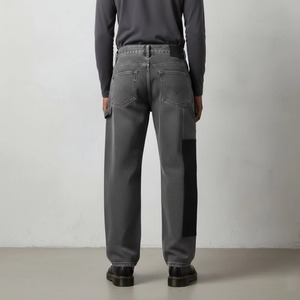 Men's Gray Ripped <b>Denim</b> Pants With Logo Patch High Waist Street Style Cotton Canvas <b>Material</b> Distressed Look Autumn Wear - Product Image 3