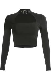 Women's Black Cropped Long Sleeve Stand Collar Knitted T-<b>Shirt</b> With Belt Decoration Slim Fit <b>Y2K</b> Style All Seasons Wear - Product Image 1