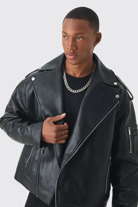 Men's Pebbled Grain Faux Genuine Leather Oversized <b>Biker</b> Moto <b>Jacket</b> Asymmetric Diagonal Zip Wide Lapel Snap Button Multi Pocket - Product Image 2