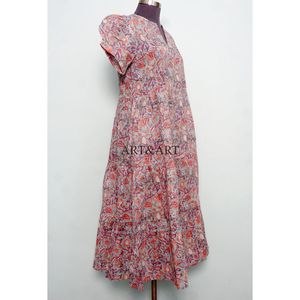 Robe mi-longue en coton tricoté à imprimé floral numérique, col en V, manches courtes, coupe trapèze, écologique, respirante, douce et naturelle - Product Image 3