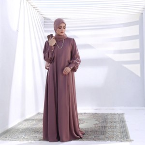 Abaya Marrón Modesta con Cuentas, Cuello Alto, Larga hasta el Suelo, Manga Larga, Poliéster Sólido, Ajuste Holgado para Mujer, Estilo de Oriente Medio, Uso Diario - Product Image 2