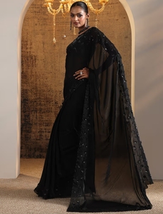 Sari de fiesta KV con borde de seda adornado con cuentas negras, blusa sin coser, sin arrugas, hasta la rodilla - Product Image 4