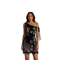 Nouvelle robe mini pour femme, design palmier perlé, col rond, sans manches, coupe droite, tricotée de haute qualité, 100% coton respirant