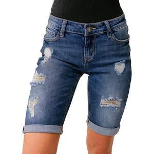 2025 femmes taille haute Stretch Bermuda Shorts en détresse Jean Shorts brodé été droit roulé ourlet déchiré conception - Product Image 2