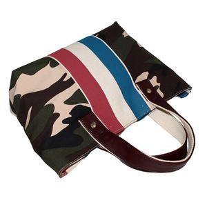 Asa de cuero genuino con interior 12 OZ Lona natural Rayas impresas Forrado Poly Viscosa Mezcla Camflauge Imprimir Tela Tote Bag - Product Image 4