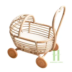 HNH Craft Rattan Baby Carriage Wicker Toy Doll Baby Rattan Toys Handwoven Rattan Stroller Toy Customized from Vietnam