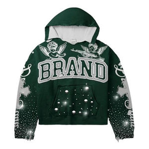 Sudadera con Capucha Personalizada BRAND 2026 para Hombre, Verde con Estampado de Diamantes de Imitación, Estilo Urbano, Tejido de Punto, Poliéster, Estilo Otoñal - Product Image 1