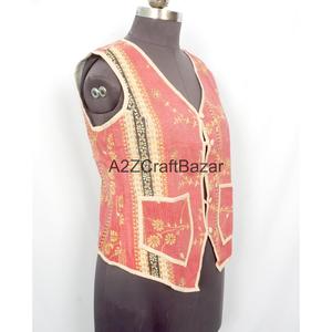 100% Cotton Breathable Printed Logo <b>Kantha</b> Quilted V-neck Women's Handmade Unique Spring Summer Autumn Winter Sleeveless Vest - Product Image 3