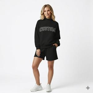 Conjunto de pantalones cortos por encima de la rodilla y cuello simulado para mujer, tela polar, ajuste holgado y relajado, ropa de invierno para uso diario y estilo de vida - Product Image 1