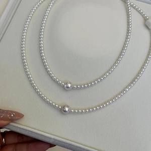 Collar de Perlas de Agua Dulce Naturales de Zhuji de 3-4 mm, Doble Capa, Luz Intensa, Cuentas Pequeñas Transparentes con Microdefectos, Plata - Product Image 2