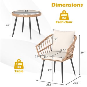 3-Piece Patio Bistro Set - Rattan Wicker Chairs & Tempered Glass Table - Cushioned <b>Outdoor</b> <b>Furniture</b> for Balcony & Garden - Product Image 5