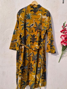 Yellow Jungle Print Velvet Kimono <b>Robe</b> Handmade Tea <b>Coat</b> Velvet Tiger Print Kimono <b>Robe</b>: Handmade Velvet Cotton Blend Nightwear - Product Image 5