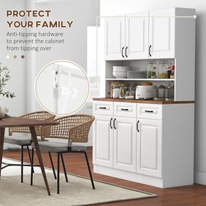 Credenza Bianca Autoportante da 180 cm con Vetrina, 6 Ante, 3 Cassetti e Piano d'Appoggio a 2 Livelli, Mobile da Cucina per Sala da Pranzo in Stile Rustico - Product Image 6