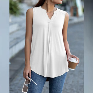 Women V-Neck Sleeveless <b>Tank</b> <b>Top</b> Solid <b>White</b> Canvas Casual Breathable Regular Length Knitted Fabric 100% Cotton - Product Image 2