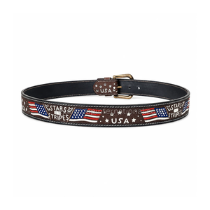 Unisex Premium Western <b>Belt</b> American Flag Grain Leather <b>Belt</b> with USA Stars & Stripes Design Vintage Engraved <b>Silver</b> <b>Buckle</b> - Product Image 2
