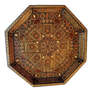 Plateau de service en bois de style marocain, artisanal, découpé au laser, motif géométrique, plateau décoratif pour thé et café avec base en verre - Product Image 3