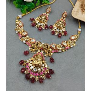 Classy Antique Mossanite Polki Temple <b>Necklace</b> <b>Set</b> Classic Style Kundan <b>Set</b> with <b>Pearl</b> for Women & Girls for Weddings Wear - Product Image 1