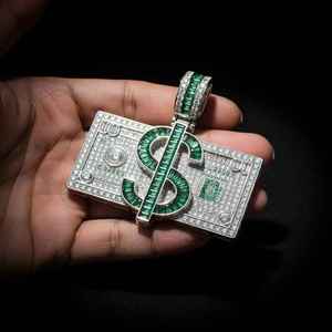 Hiphop Style Money Dollar Sign <b>Pendant</b> With <b>Emerald</b> Green Stones And Diamond Accents 925 Silver Men's Themed Charm - Product Image 1